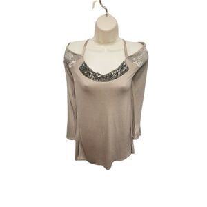 Women's Lace Cold Shoulder Blouse Beaded Neck, Slim Fit T-Shirt Long Sle…